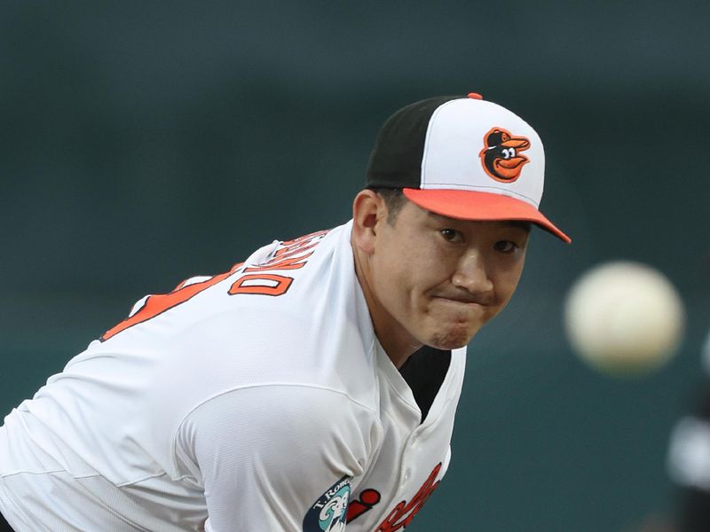 Mar 20, 2025; Sarasota, Florida, USA;  Baltimore Orioles starting pitcher Tomoyuki Sugano (19) throws a pitch during the first inning against the New York Yankees at Ed Smith Stadium. Mandatory Credit: Kim Klement Neitzel-Imagn Images
