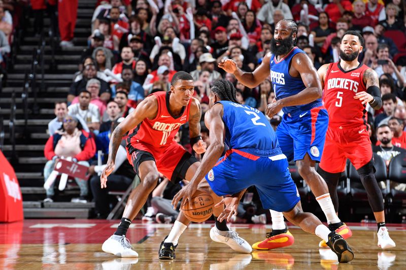 HOUSTON, TX - MARCH 6: Jabari Smith Jr. #10 of the Houston Rockets plays defense during the game against the LA Clippers on March 6, 2024 at the Toyota Center in Houston, Texas. NOTE TO USER: User expressly acknowledges and agrees that, by downloading and or using this photograph, User is consenting to the terms and conditions of the Getty Images License Agreement. Mandatory Copyright Notice: Copyright 2024 NBAE (Photo by Logan Riely/NBAE via Getty Images)