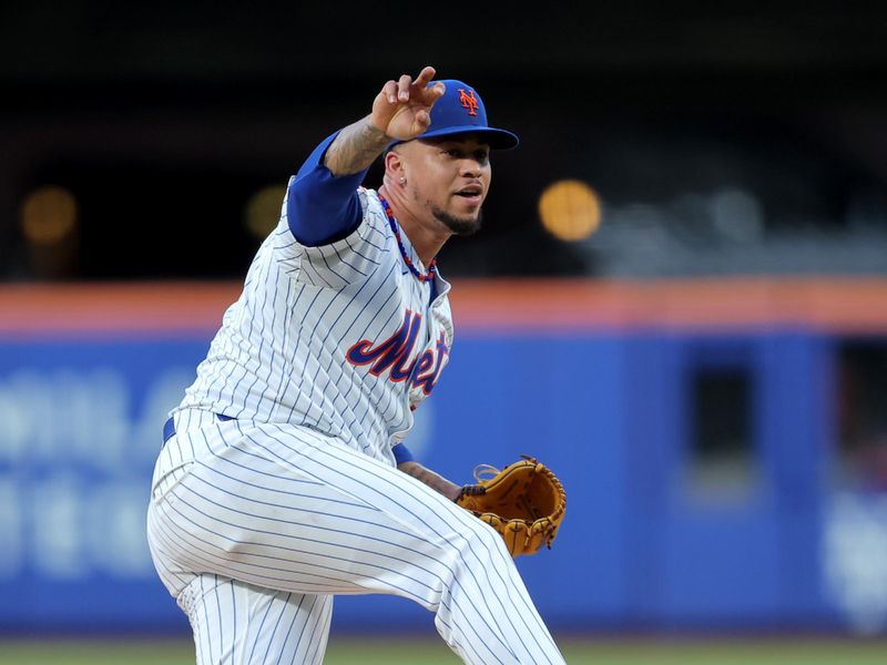 Jun 24, 2025; New York City, New York, USA; New York Mets starting pitcher Frankie Montas (47) follows through on a pitch against the Atlanta Braves during the third inning at Citi Field. Mandatory Credit: Brad Penner-Imagn Images