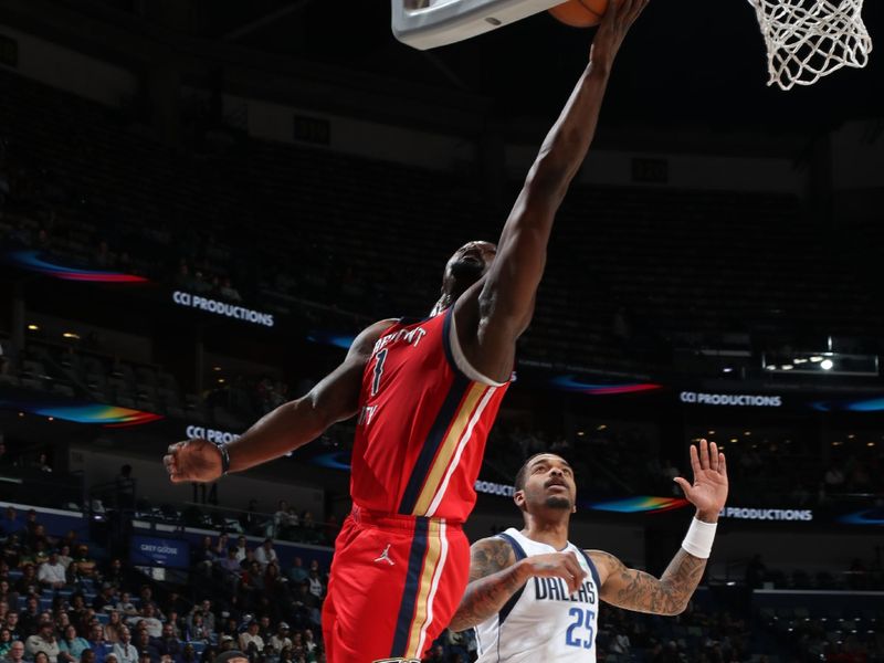 NEW ORLEANS, LA - JANUARY 29: Zion Williamson #1 of the New Orleans Pelicans drives to the basket during the game against the Dallas Mavericks on January 29, 2025 at the Smoothie King Center in New Orleans, Louisiana. NOTE TO USER: User expressly acknowledges and agrees that, by downloading and or using this Photograph, user is consenting to the terms and conditions of the Getty Images License Agreement. Mandatory Copyright Notice: Copyright 2025 NBAE (Photo by Layne Murdoch Jr./NBAE via Getty Images)