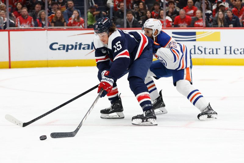 Nov 24, 2023; Washington, District of Columbia, USA; Washington Capitals left wing Sonny Milano (15) skates with the puck as Edmonton Oilers defenseman Darnell Nurse (25) defends in the first period at Capital One Arena. Mandatory Credit: Geoff Burke-USA TODAY Sports