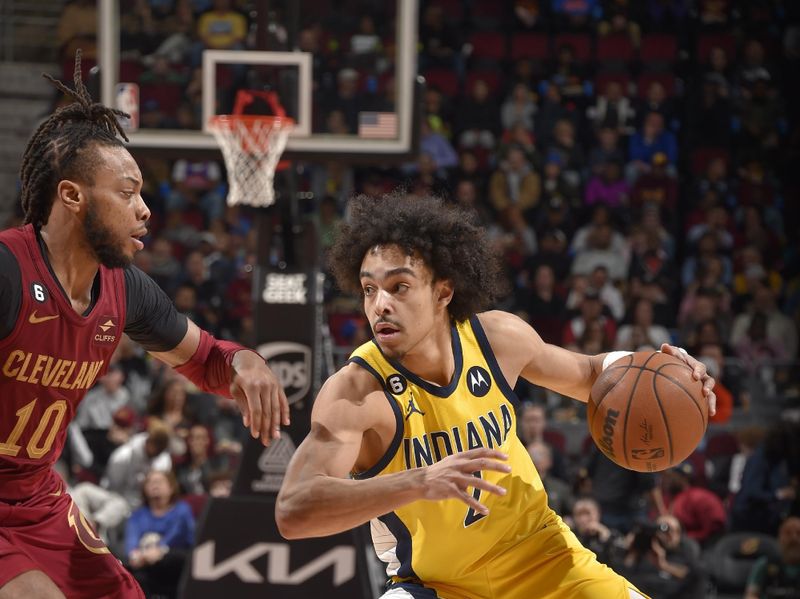 CLEVELAND, OH - APRIL 2:  Andrew Nembhard #2 of the Indiana Pacers goes to the basket during the game on April 2, 2023 at Rocket Mortgage FieldHouse in Cleveland, Ohio. NOTE TO USER: User expressly acknowledges and agrees that, by downloading and/or using this Photograph, user is consenting to the terms and conditions of the Getty Images License Agreement. Mandatory Copyright Notice: Copyright 2023 NBAE (Photo by David Liam Kyle/NBAE via Getty Images)