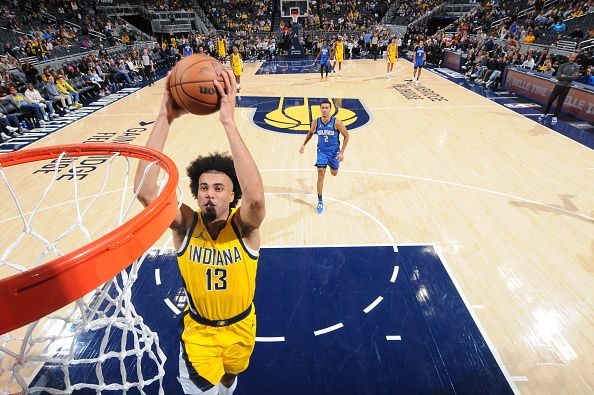 INDIANAPOLIS, IN - NOVEMBER 19: Jordan Nwora #13 of the Indiana Pacers drives to the basket during the game against the Orlando Magic on November 19, 2023 at Gainbridge Fieldhouse in Indianapolis, Indiana. NOTE TO USER: User expressly acknowledges and agrees that, by downloading and or using this Photograph, user is consenting to the terms and conditions of the Getty Images License Agreement. Mandatory Copyright Notice: Copyright 2023 NBAE (Photo by Ron Hoskins/NBAE via Getty Images)