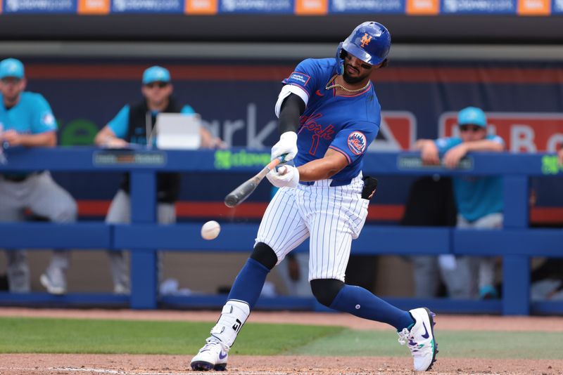 Feb 21, 2026; Port St. Lucie, Florida, USA; New York Mets left fielder Mj Melendez (1) hits against the Miami Marlins during the fifth inning at Clover Park. Mandatory Credit: Sam Navarro-Imagn Images
