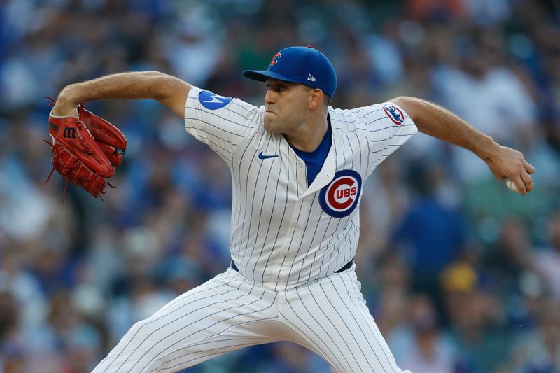 Jul 22, 2025; Chicago, Illinois, USA; Chicago Cubs starting pitcher Matthew Boyd (16) delivers a pitch against the Kansas City Royals during the first inning at Wrigley Field. Mandatory Credit: Kamil Krzaczynski-Imagn Images