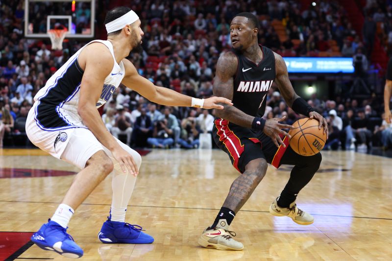 MIAMI, FLORIDA - FEBRUARY 06: Terry Rozier #2 of the Miami Heat dribbles the ball against the Orlando Magic during the third quarter at Kaseya Center on February 06, 2024 in Miami, Florida. NOTE TO USER: User expressly acknowledges and agrees that, by downloading and or using this photograph, User is consenting to the terms and conditions of the Getty Images License Agreement. (Photo by Megan Briggs/Getty Images)