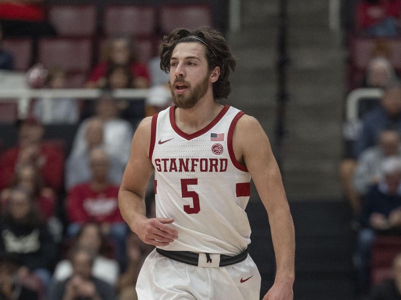 Mar 1, 2025; Stanford, California, USA;  Stanford Cardinal guard Benny Gealer (5) during the first half against the Southern Methodist Mustangs at Maples Pavilion. Mandatory Credit: Stan Szeto-Imagn Images