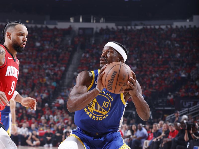 HOUSTON, TX - APRIL 23:  Jimmy Butler #10 of the Golden State Warriors handles the ball during the game against the Houston Rockets during Round 1 Game 2 of the 2025 NBA Playoffs on April 23, 2025 at the Toyota Center in Houston, Texas. NOTE TO USER: User expressly acknowledges and agrees that, by downloading and or using this photograph, User is consenting to the terms and conditions of the Getty Images License Agreement. Mandatory Copyright Notice: Copyright 2025 NBAE (Photo by Logan Riely/NBAE via Getty Images)