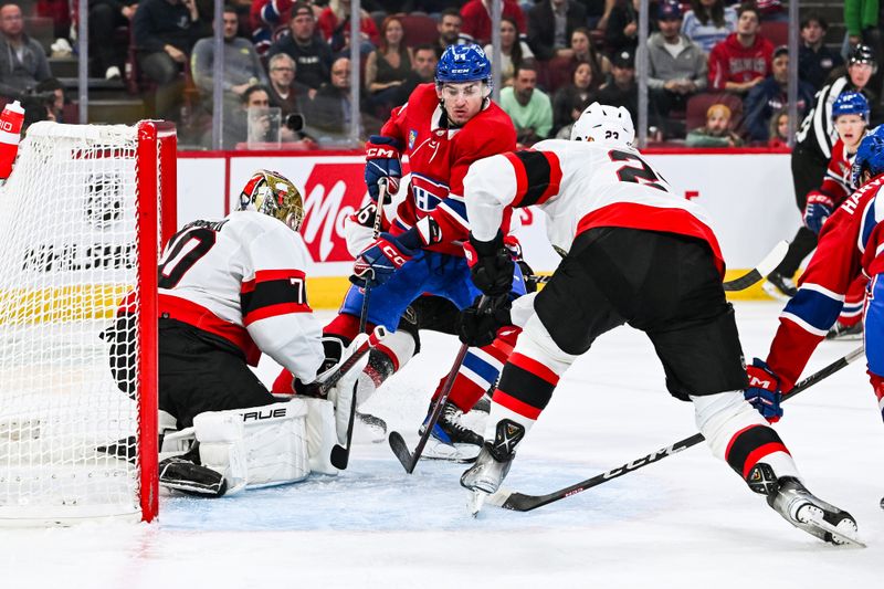 Sep 27, 2023; Montreal, Quebec, CAN; Ottawa Senators goalie Joonas Korpisalo (70) makes a save against Montreal Canadiens defenseman William Trudeau (84) during the second period at Bell Centre. Mandatory Credit: David Kirouac-USA TODAY Sports