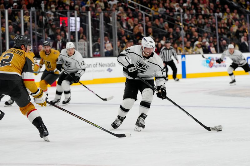 Dec 28, 2023; Las Vegas, Nevada, USA; Los Angeles Kings left wing Kevin Fiala (22) skates with the puck against the Vegas Golden Knights during the third period at T-Mobile Arena. Mandatory Credit: Lucas Peltier-USA TODAY Sports