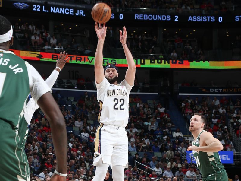 NEW ORLEANS, LA - MARCH 28: Larry Nance Jr. #22 of the New Orleans Pelicans shoots the ball during the game on March 28, 2024 at the Smoothie King Center in New Orleans, Louisiana. NOTE TO USER: User expressly acknowledges and agrees that, by downloading and or using this Photograph, user is consenting to the terms and conditions of the Getty Images License Agreement. Mandatory Copyright Notice: Copyright 2024 NBAE (Photo by Layne Murdoch Jr./NBAE via Getty Images)