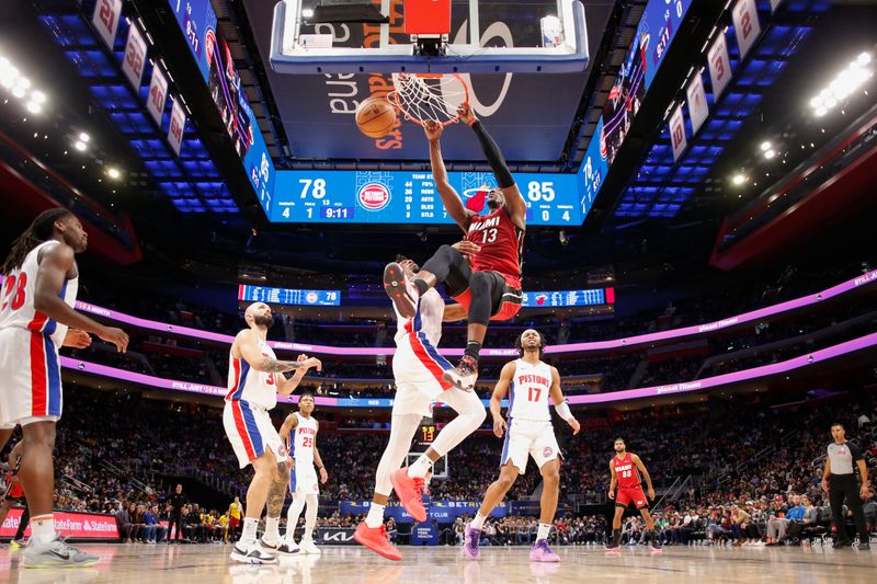 DETROIT, MI - MARCH 17: Bam Adebayo #13 of the Miami Heat goes to the basket during the game on March 17, 2024 at Little Caesars Arena in Detroit, Michigan. NOTE TO USER: User expressly acknowledges and agrees that, by downloading and/or using this photograph, User is consenting to the terms and conditions of the Getty Images License Agreement. Mandatory Copyright Notice: Copyright 2024 NBAE (Photo by Brian Sevald/NBAE via Getty Images)