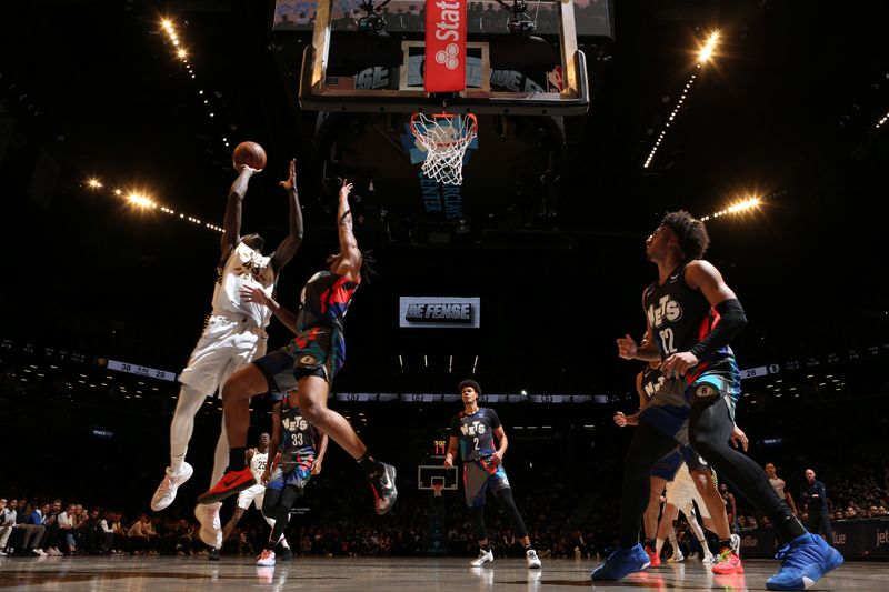 BROOKLYN, NY - APRIL 3: Pascal Siakam #43 of the Indiana Pacers drives to the basket during the game against the Brooklyn Nets on April 3, 2024 at Barclays Center in Brooklyn, New York. NOTE TO USER: User expressly acknowledges and agrees that, by downloading and or using this Photograph, user is consenting to the terms and conditions of the Getty Images License Agreement. Mandatory Copyright Notice: Copyright 2024 NBAE (Photo by Nathaniel S. Butler/NBAE via Getty Images)