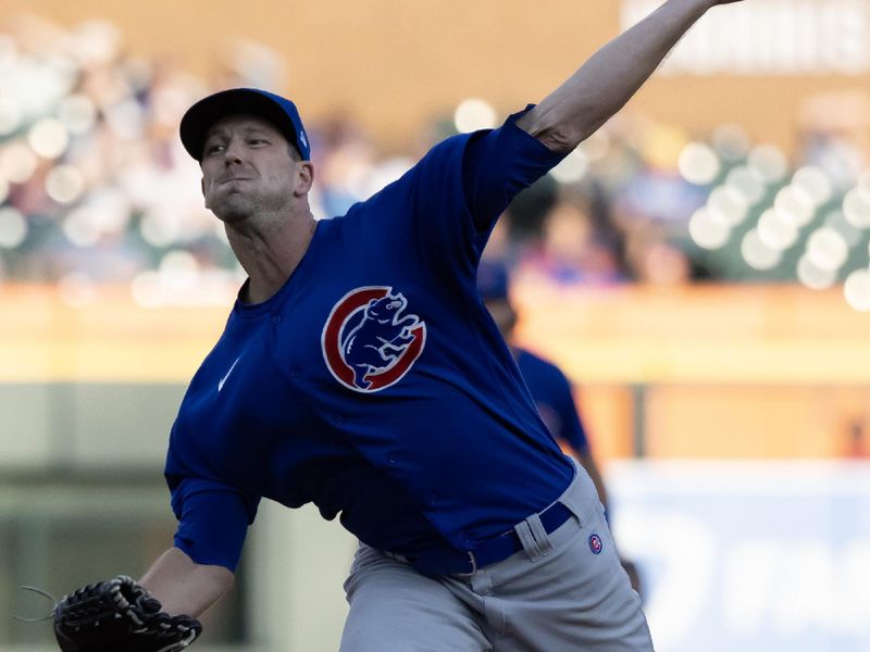 Aug 22, 2023; Detroit, Michigan, USA; Chicago Cubs starting pitcher Drew Smyly (11) throws in the third inning against the Detroit Tigers at Comerica Park. Mandatory Credit: David Reginek-USA TODAY Sports