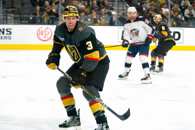 Mar 19, 2023; Las Vegas, Nevada, USA; Vegas Golden Knights defenseman Brayden McNabb (3) skates during the first period against the Columbus Blue Jackets at T-Mobile Arena. Mandatory Credit: Lucas Peltier-USA TODAY Sports