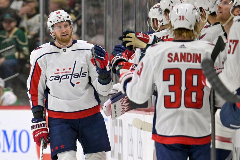 Jan 23, 2024; Saint Paul, Minnesota, USA;  Washington Capitals forward Anthony Mantha (39) celebrates his goal against the Minnesota Wild during the second period at Xcel Energy Center. Mandatory Credit: Nick Wosika-USA TODAY Sports