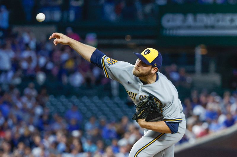 Aug 29, 2023; Chicago, Illinois, USA; Milwaukee Brewers starting pitcher Corbin Burnes (39) pitches against the Chicago Cubs during the first inning at Wrigley Field. Mandatory Credit: Kamil Krzaczynski-USA TODAY Sports