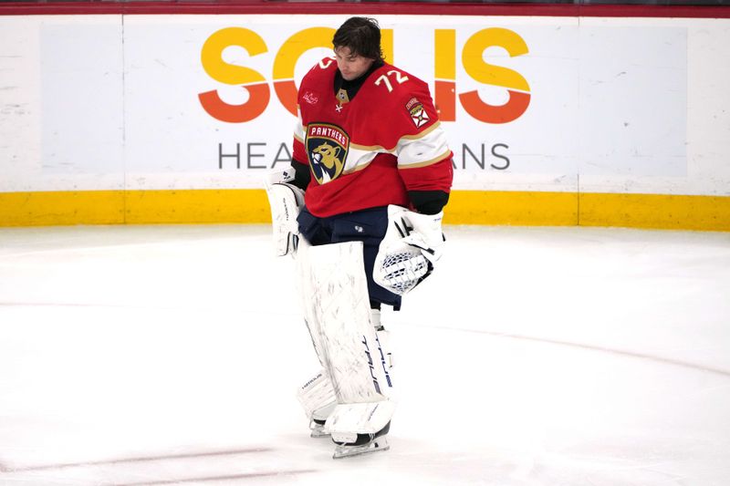 Feb 20, 2024; Sunrise, Florida, USA; Florida Panthers goaltender Sergei Bobrovsky (72) takes a moment after a fight with Ottawa Senators left wing Brady Tkachuk (7) during the third period at Amerant Bank Arena. Mandatory Credit: Jim Rassol-USA TODAY Sports