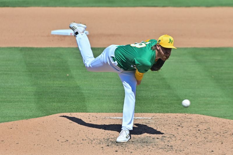 Mar 20, 2024; Mesa, Arizona, USA;  Oakland Athletics starting pitcher Paul Blackburn (58) throws in the fourth inning against the Chicago Cubs during a spring training game at Hohokam Stadium. Mandatory Credit: Matt Kartozian-USA TODAY Sports