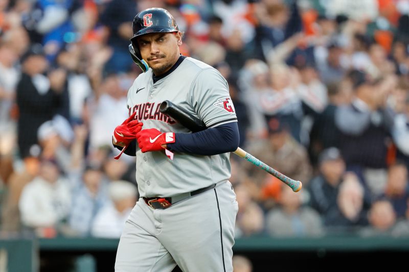 Oct 10, 2024; Detroit, Michigan, USA; Cleveland Guardians catcher Bo Naylor (23) walks back to the dugout after striking out in the first inning against the Detroit Tigers during game four of the ALDS for the 2024 MLB Playoffs at Comerica Park. Mandatory Credit: Rick Osentoski-Imagn Images