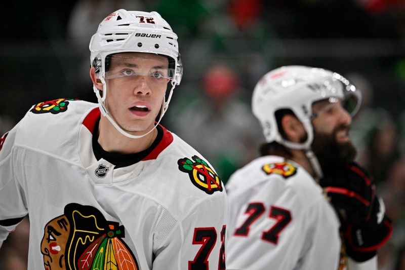 Oct 26, 2024; Dallas, Texas, USA; Chicago Blackhawks defenseman Alex Vlasic (72) looks on during the face-off in the second period against the Dallas Stars at the American Airlines Center. Mandatory Credit: Jerome Miron-Imagn Images