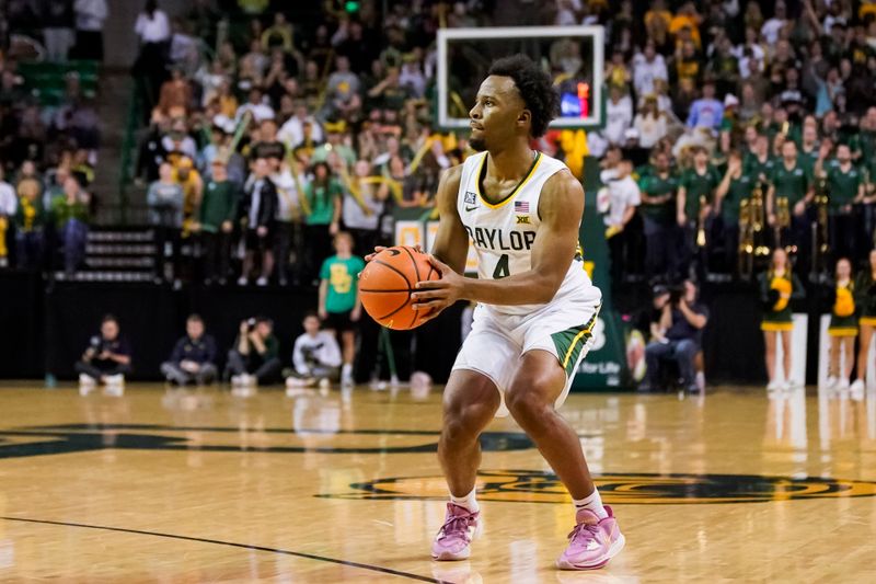 Feb 13, 2023; Waco, Texas, USA; Baylor Bears guard LJ Cryer (4) spots up for a 3-point shot against the West Virginia Mountaineers during the second half at Ferrell Center. Mandatory Credit: Raymond Carlin III-USA TODAY Sports