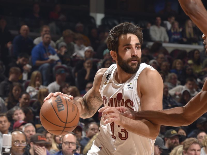 CLEVELAND, OH - APRIL 9: Ricky Rubio #13 of the Cleveland Cavaliers dribbles the ball during the game against the Charlotte Hornets on April 9, 2023 at Rocket Mortgage FieldHouse in Cleveland, Ohio. NOTE TO USER: User expressly acknowledges and agrees that, by downloading and/or using this Photograph, user is consenting to the terms and conditions of the Getty Images License Agreement. Mandatory Copyright Notice: Copyright 2023 NBAE (Photo by David Liam Kyle/NBAE via Getty Images)