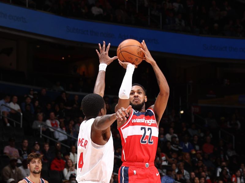 WASHINGTON, DC -? NOVEMBER 4: Monte Morris #22 of the Washington Wizards shoots the ball during the game against the Brooklyn Nets on November 4, 2022 at Capital One Arena in Washington, DC. NOTE TO USER: User expressly acknowledges and agrees that, by downloading and or using this Photograph, user is consenting to the terms and conditions of the Getty Images License Agreement. Mandatory Copyright Notice: Copyright 2022 NBAE (Photo by Stephen Gosling/NBAE via Getty Images)