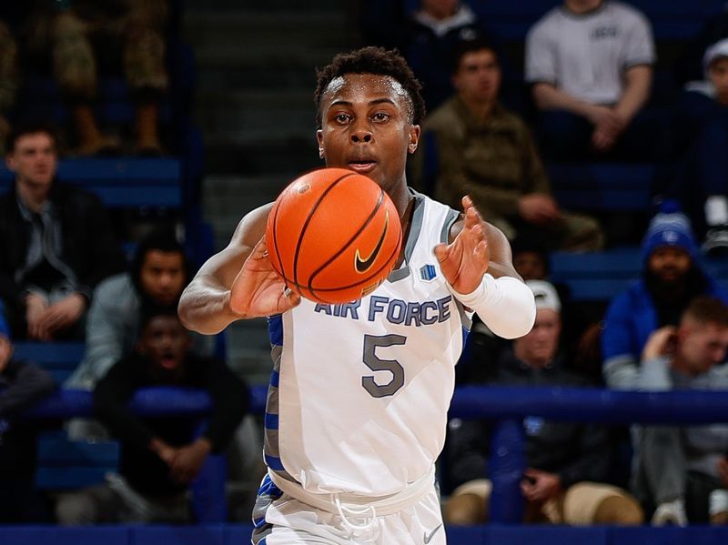 Jan 31, 2023; Colorado Springs, Colorado, USA; Air Force Falcons guard Ethan Taylor (5) passes the ball in the second half against the Boise State Broncos at Clune Arena. Mandatory Credit: Isaiah J. Downing-USA TODAY Sports