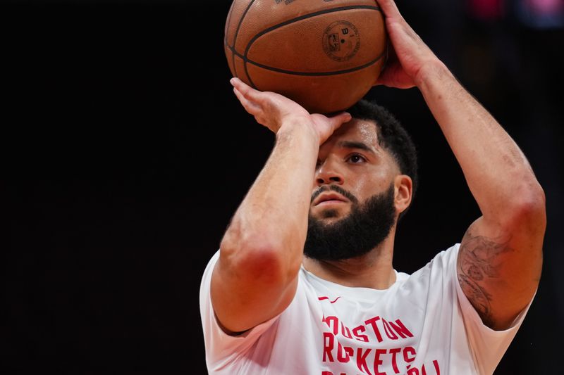 HOUSTON, TEXAS - OCTOBER 10: Fred VanVleet #5 of the Houston Rockets shoots the ball during warm-up prior to the preseason game against the Indiana Pacers at Toyota Center on October 10, 2023 in Houston, Texas. NOTE TO USER: User expressly acknowledges and agrees that, by downloading and or using this photograph, User is consenting to the terms and conditions of the Getty Images License Agreement. (Photo by Alex Bierens de Haan/Getty Images)