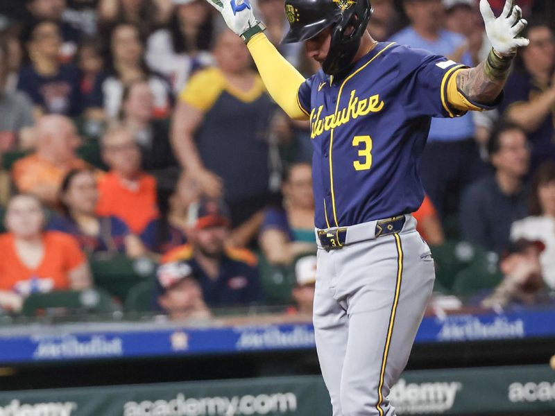 May 17, 2024; Houston, Texas, USA;  Milwaukee Brewers third baseman Joey Ortiz (3) reacts after he hit a three-run home run against the Houston Astros in the fourth inning at Minute Maid Park. Mandatory Credit: Thomas Shea-USA TODAY Sports