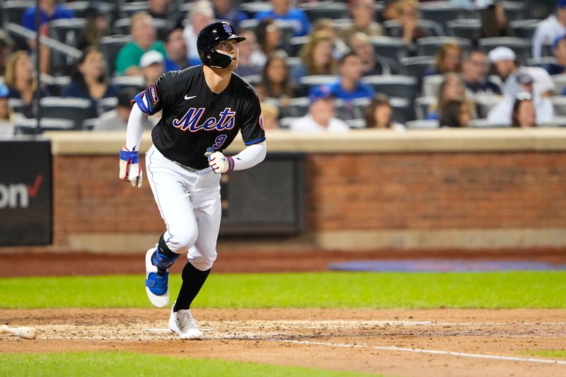 Sep 1, 2023; New York City, New York, USA; New York Mets center fielder Brandon Nimmo (9) watches his home run against the Seattle Mariners during the sixth inning at Citi Field. Mandatory Credit: Gregory Fisher-USA TODAY Sports