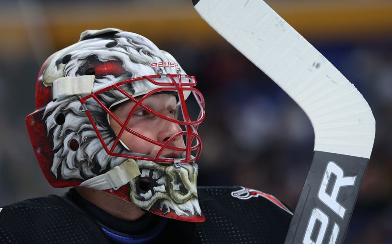 Nov 3, 2023; Buffalo, New York, USA;  Buffalo Sabres goaltender Ukko-Pekka Luukkonen (1) during a stoppage in play against the Philadelphia Flyers during the first period at KeyBank Center. Mandatory Credit: Timothy T. Ludwig-USA TODAY Sports