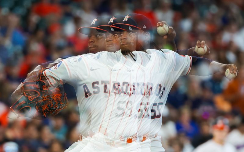 Jun 23, 2024; Houston, Texas, USA;  Houston Astros starting pitcher Framber Valdez (59) pitches against the Baltimore Orioles in the first inning at Minute Maid Park. Mandatory Credit: Thomas Shea-USA TODAY Sports