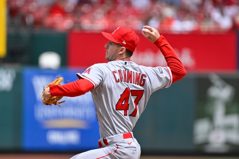 May 4, 2023; St. Louis, Missouri, USA;  Los Angeles Angels starting pitcher Griffin Canning (47) pitches against the St. Louis Cardinals during the second inning at Busch Stadium. Mandatory Credit: Jeff Curry-USA TODAY Sports