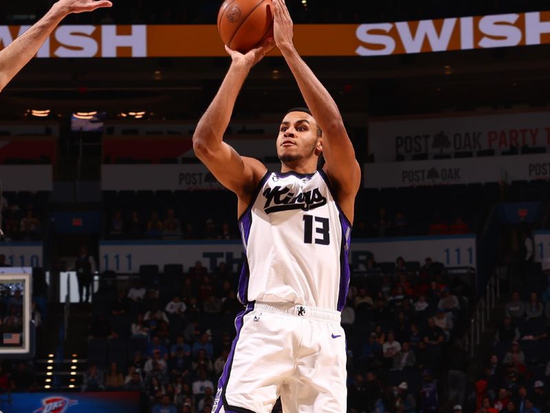 OKLAHOMA CITY, OK - FEBRUARY 11: Keegan Murray #13 of the Sacramento Kings shoots the ball during the game against the Oklahoma City Thunder on February 11, 2024 at Paycom Arena in Oklahoma City, Oklahoma. NOTE TO USER: User expressly acknowledges and agrees that, by downloading and or using this photograph, User is consenting to the terms and conditions of the Getty Images License Agreement. Mandatory Copyright Notice: Copyright 2024 NBAE (Photo by Zach Beeker/NBAE via Getty Images)