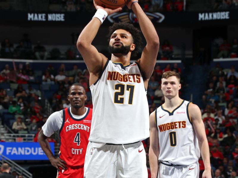 NEW ORLEANS, LA - NOVEMBER 15: Jamal Murray #27 of the Denver Nuggets shoots a free throw during the game against the New Orleans Pelicans during the Emirates NBA Cup game on November 15, 2024 at the Smoothie King Center in New Orleans, Louisiana. NOTE TO USER: User expressly acknowledges and agrees that, by downloading and or using this Photograph, user is consenting to the terms and conditions of the Getty Images License Agreement. Mandatory Copyright Notice: Copyright 2024 NBAE (Photo by Layne Murdoch Jr./NBAE via Getty Images)