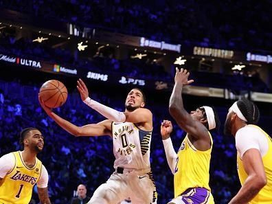 LAS VEGAS, NV - DECEMBER 9: Tyrese Haliburton #0 of the Indiana Pacers drives to the basket during the game against the Los Angeles Lakers during the In-Season Tournament Championship game on December 9, 2023 at T-Mobile Arena in Las Vegas, Nevada. NOTE TO USER: User expressly acknowledges and agrees that, by downloading and or using this photograph, User is consenting to the terms and conditions of the Getty Images License Agreement. Mandatory Copyright Notice: Copyright 2023 NBAE (Photo by Jeff Haynes/NBAE via Getty Images)