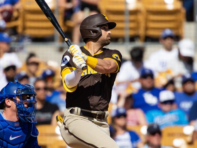 Feb 23, 2024; Phoenix, Arizona, USA; San Diego Padres infielder Tyler Wade against the Los Angeles Dodgers during a spring training game at Camelback Ranch-Glendale. Mandatory Credit: Mark J. Rebilas-USA TODAY Sports