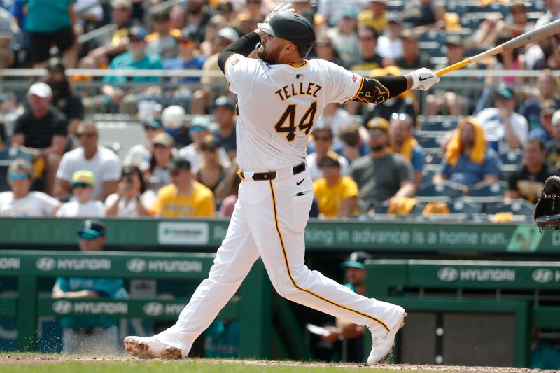 Aug 17, 2024; Pittsburgh, Pennsylvania, USA;  Pittsburgh Pirates first baseman Rowdy Tellez (44) hits a two-run home run against the Seattle Mariners during the fourth inning at PNC Park. Mandatory Credit: Charles LeClaire-USA TODAY Sports