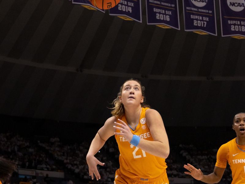 Jan 30, 2023; Baton Rouge, Louisiana, USA;  Tennessee Lady Vols forward Tess Darby (21) goes for a rebound against the LSU Lady Tigers during the first half at Pete Maravich Assembly Center. Mandatory Credit: Stephen Lew-USA TODAY Sports