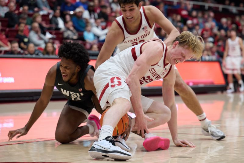 Jan 18, 2024; Stanford, California, USA; Stanford Cardinal forward James Keefe (22) and forward Brandon Angel (23) battle for a loose ball against Washington State Cougars forward Isaac Jones (13) during the second half at Maples Pavilion. Mandatory Credit: Robert Edwards-USA TODAY Sports