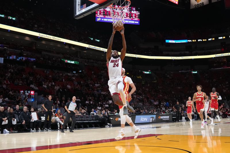 MIAMI, FL - OCTOBER 16: Haywood Highsmith #24 of the Miami Heat shoots the ball during the game against the Atlanta Hawks during a preseason game on October 16, 2024 at Kaseya Center in Miami, Florida. NOTE TO USER: User expressly acknowledges and agrees that, by downloading and or using this Photograph, user is consenting to the terms and conditions of the Getty Images License Agreement. Mandatory Copyright Notice: Copyright 2024 NBAE (Photo by Eric Espada/NBAE via Getty Images)