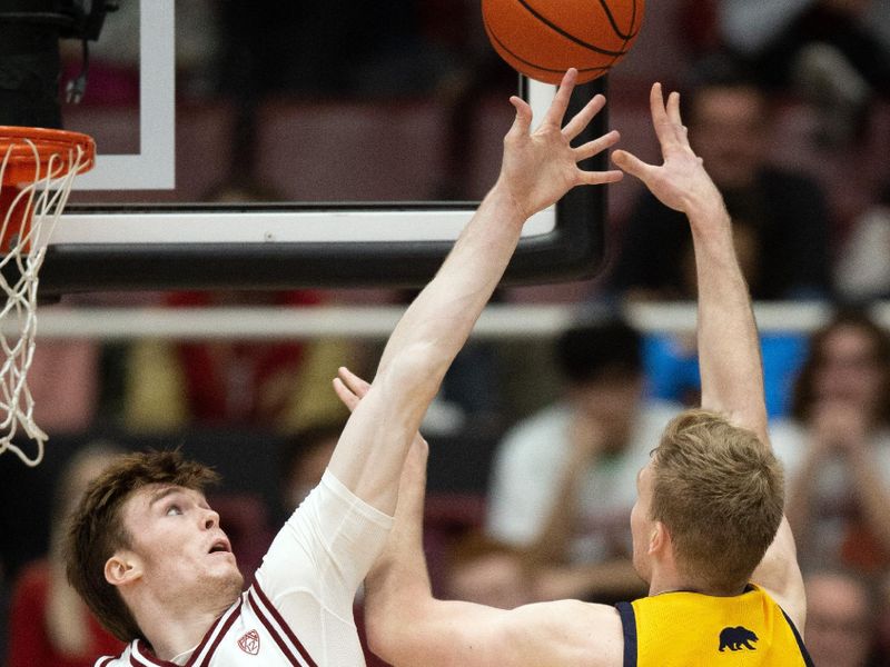 Jan 28, 2023; Stanford, California, USA; California Golden Bears forward Lars Thiemann (21) shoots over Stanford Cardinal forward Max Murrell (10) during the first half at Maples Pavilion. Mandatory Credit: D. Ross Cameron-USA TODAY Sports