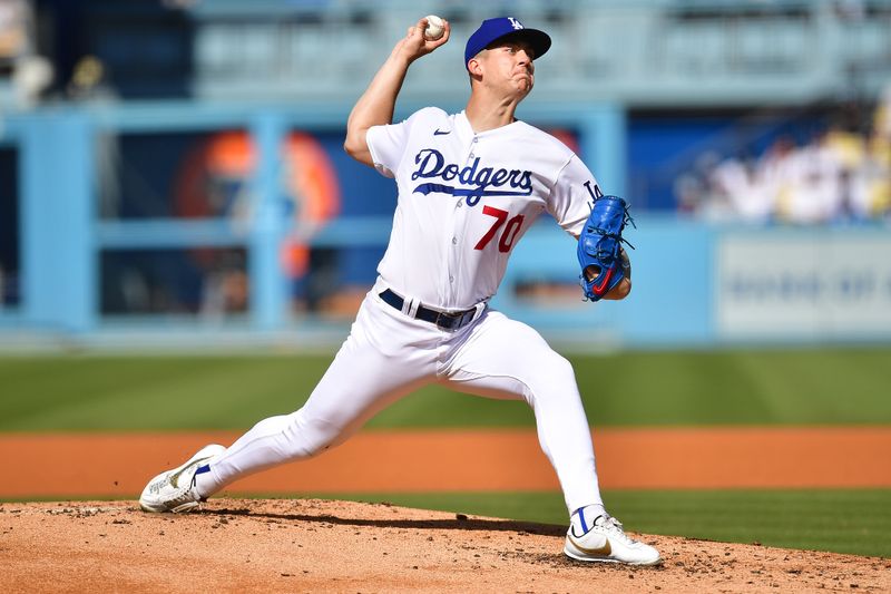 Jun 4, 2023; Los Angeles, California, USA; Los Angeles Dodgers starting pitcher Bobby Miller (70) throws against the New York Yankees during the second inning at Dodger Stadium. Mandatory Credit: Gary A. Vasquez-USA TODAY Sports