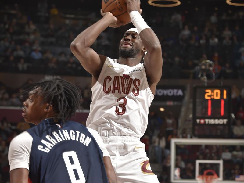 CLEVELAND, OH - DECEMBER 13: Caris LeVert #3 of the Cleveland Cavaliers shoots the ball during the game against the Washington Wizards on December 13, 2024 at Rocket Mortgage FieldHouse in Cleveland, Ohio. NOTE TO USER: User expressly acknowledges and agrees that, by downloading and/or using this Photograph, user is consenting to the terms and conditions of the Getty Images License Agreement. Mandatory Copyright Notice: Copyright 2024 NBAE (Photo by David Liam Kyle/NBAE via Getty Images)