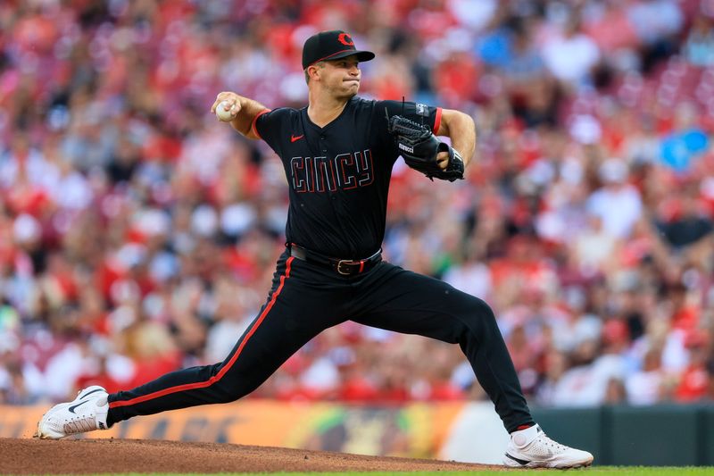 Jul 12, 2024; Cincinnati, Ohio, USA; Cincinnati Reds starting pitcher Carson Spiers (68) pitches against the Miami Marlins in the first inning at Great American Ball Park. Mandatory Credit: Katie Stratman-USA TODAY Sports