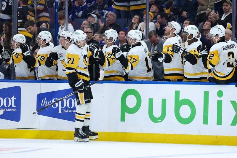 Dec 4, 2025; Tampa, Florida, USA; Pittsburgh Penguins center Evgeni Malkin (71) reacts after scoring a goal against the Tampa Bay Lightning in the third period at Benchmark International Arena. Mandatory Credit: Nathan Ray Seebeck-Imagn Images