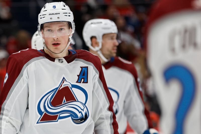 Feb 13, 2024; Washington, District of Columbia, USA; Colorado Avalanche defenseman Cale Makar (8) stands on the ice during a stoppage in play /Wednesday/ in the third period at Capital One Arena. Mandatory Credit: Geoff Burke-USA TODAY Sports