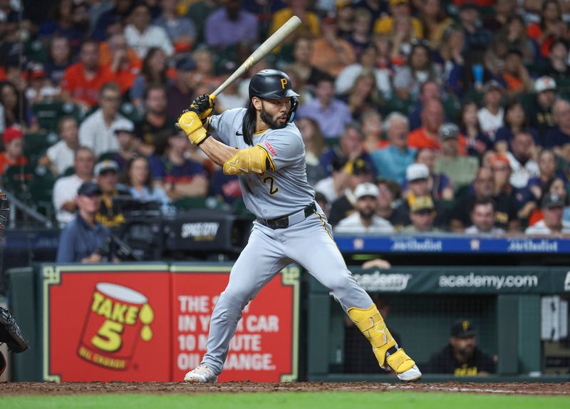 Jul 29, 2024; Houston, Texas, USA; Pittsburgh Pirates first baseman Connor Joe (2) bats during the seventh inning against the Houston Astros at Minute Maid Park. Mandatory Credit: Troy Taormina-USA TODAY Sports